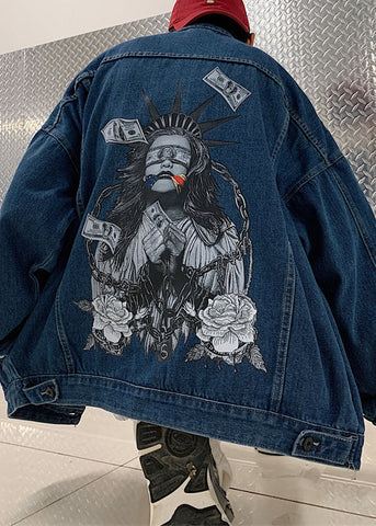 Spring Men Coats Navy French TC041 Pockets Button Denim Print