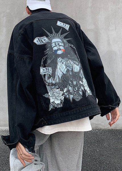 Spring Men Coats Navy French TC041 Pockets Button Denim Print