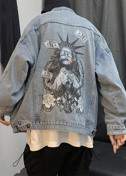 Spring Men Coats Navy French TC041 Pockets Button Denim Print