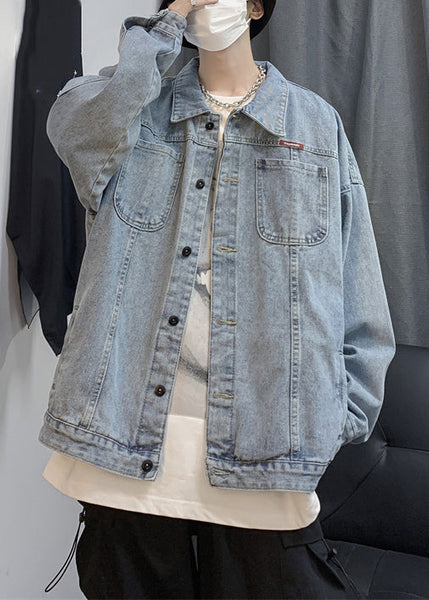 Spring Men Coats Navy French TC041 Pockets Button Denim Print