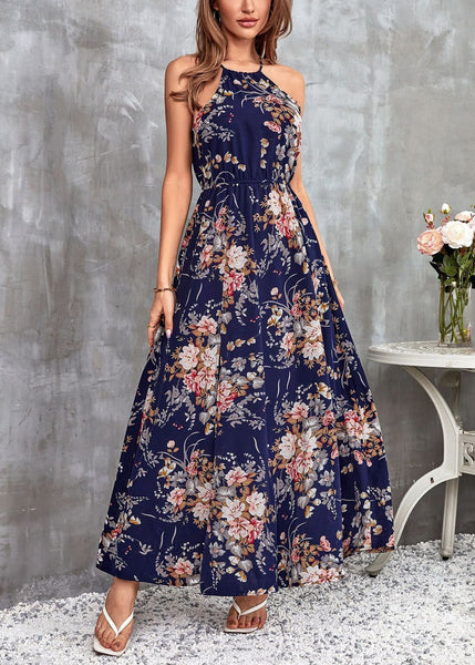 French Navy Print Side Open Cotton Long Dresses Sleeveless WW1048 Ada Fashion