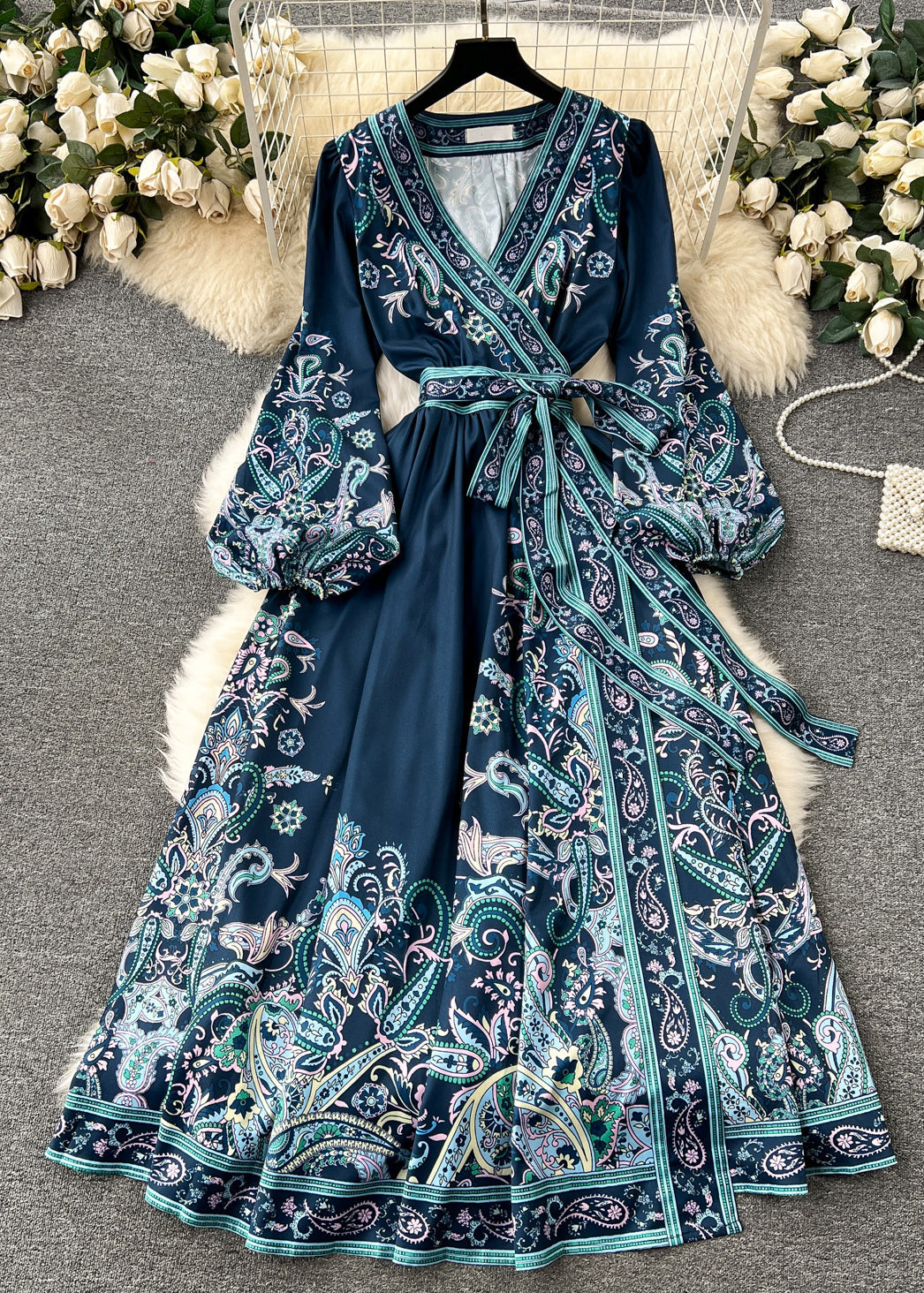 French Navy Print Tie Waist Cotton Long Dress Fall TR025 ZS-FDL240730