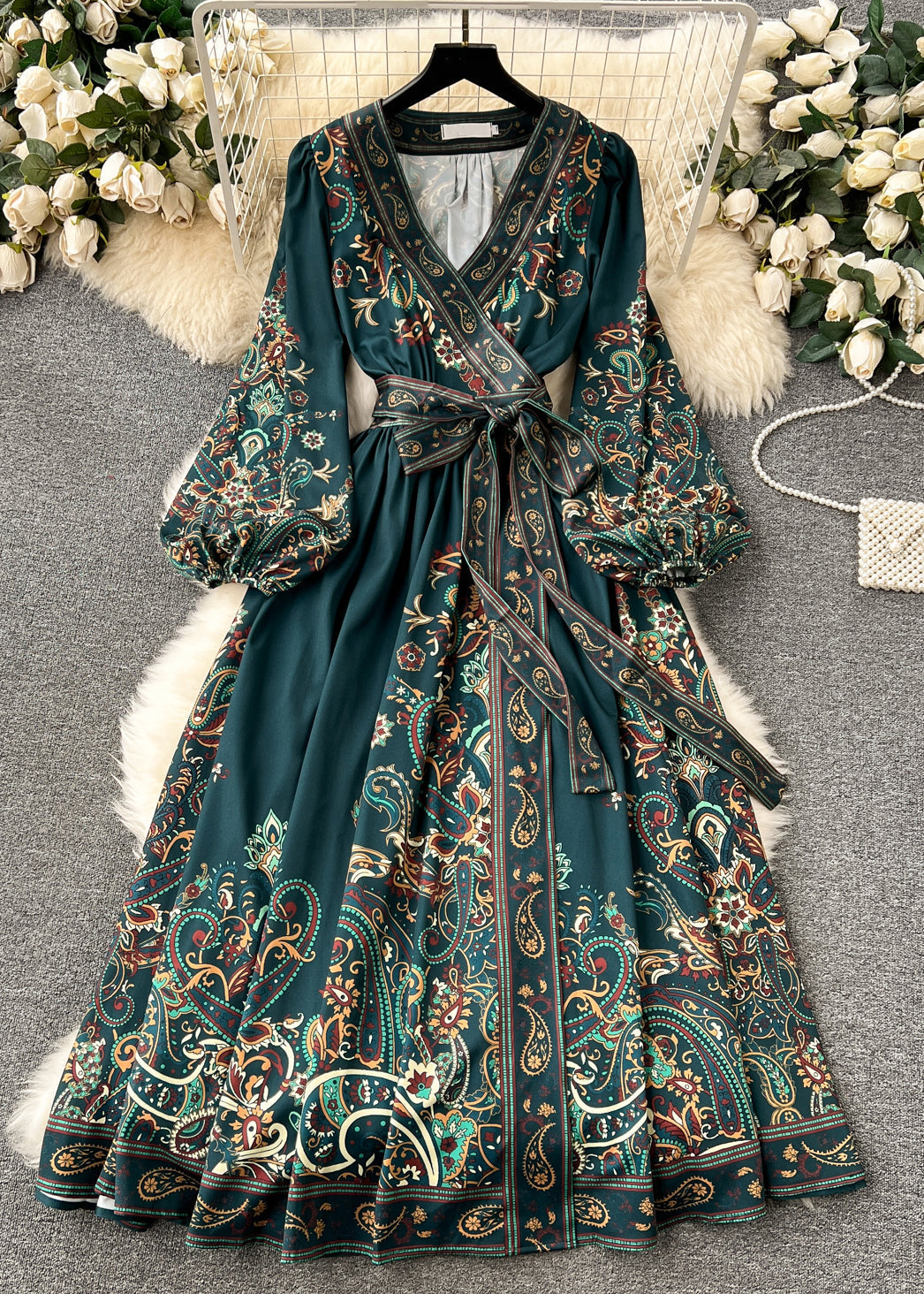 French Navy Print Tie Waist Cotton Long Dress Fall TR025 ZS-FDL240730