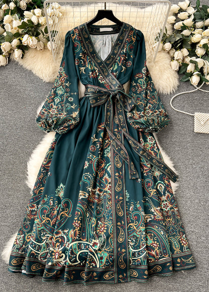 French Navy Print Tie Waist Cotton Long Dress Fall TR025 ZS-FDL240730