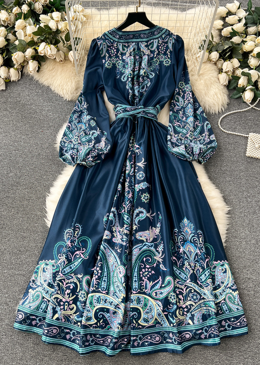 French Navy Print Tie Waist Cotton Long Dress Fall TR025 ZS-FDL240730