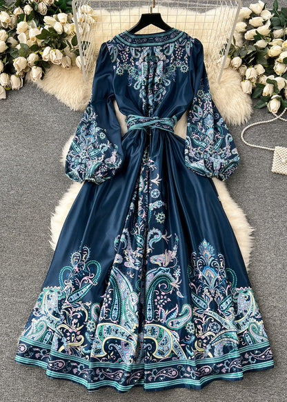 French Navy Print Tie Waist Cotton Long Dress Fall TR025 ZS-FDL240730