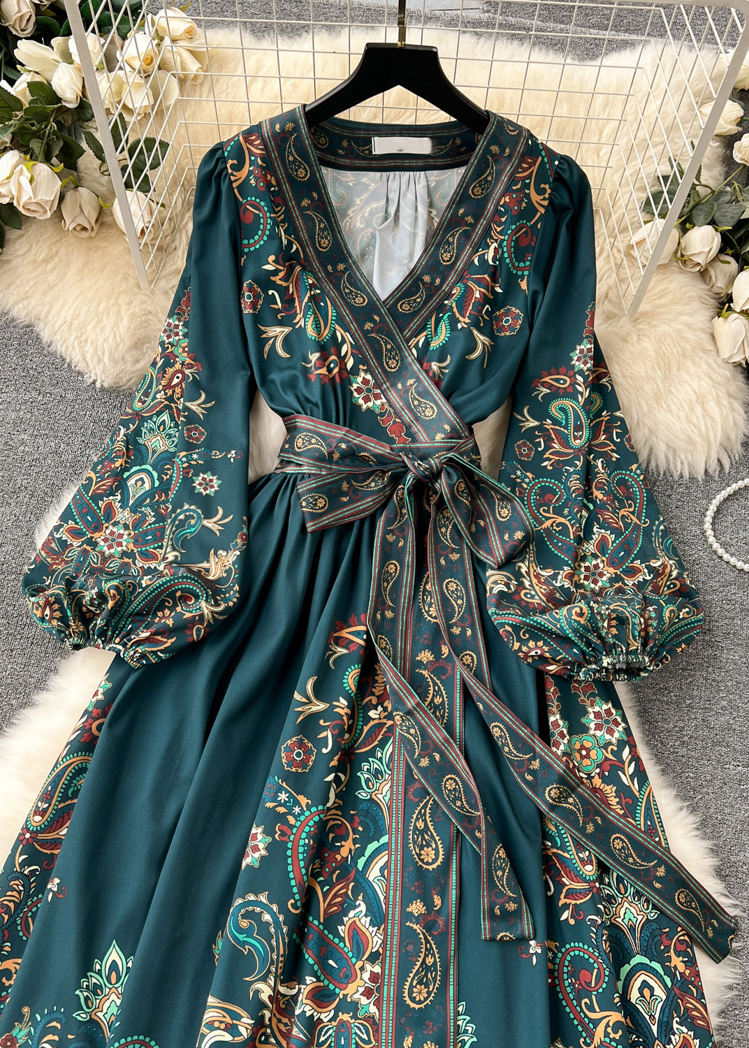 French Navy Print Tie Waist Cotton Long Dress Fall TR025 ZS-FDL240730