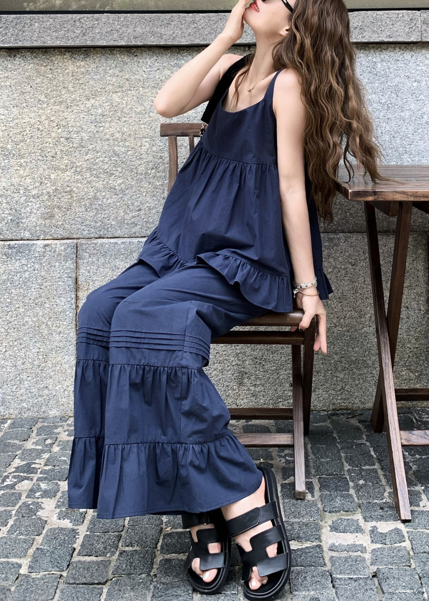 French Navy Ruffled Tops And Flare Bottoms Cotton Two Piece Set Sleeveless AW1011 OM-NZ240827