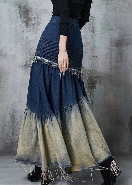 French Navy Silm Fit Patchwork Gradient Color Denim Skirt Spring Ada Fashion