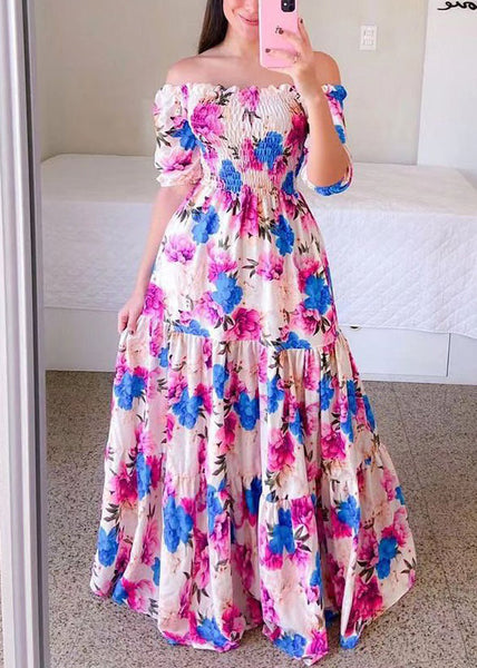 French Navy Slash Neck Print Cotton Dresses Summer WW1062 Ada Fashion