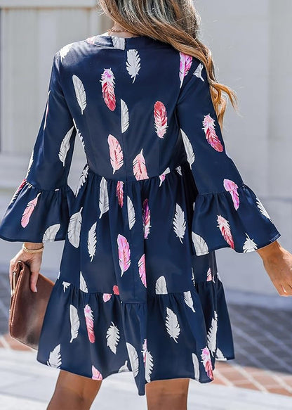 French Navy V Neck Print Patchwork Mid Dress Flare Sleeve AU1031 OM-ZS240902