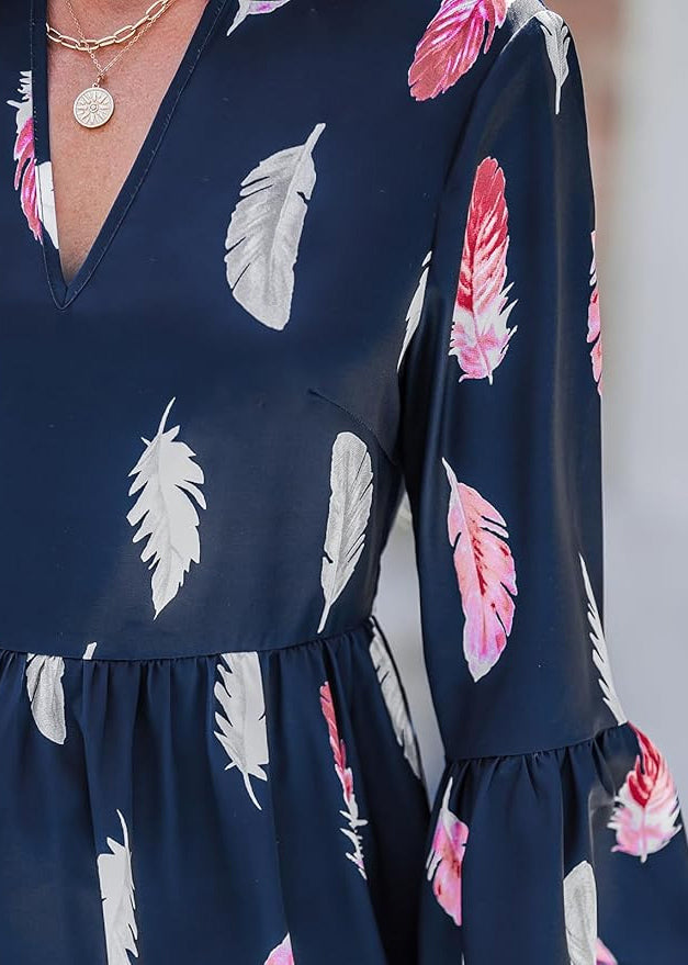 French Navy V Neck Print Patchwork Mid Dress Flare Sleeve AU1031 OM-ZS240902