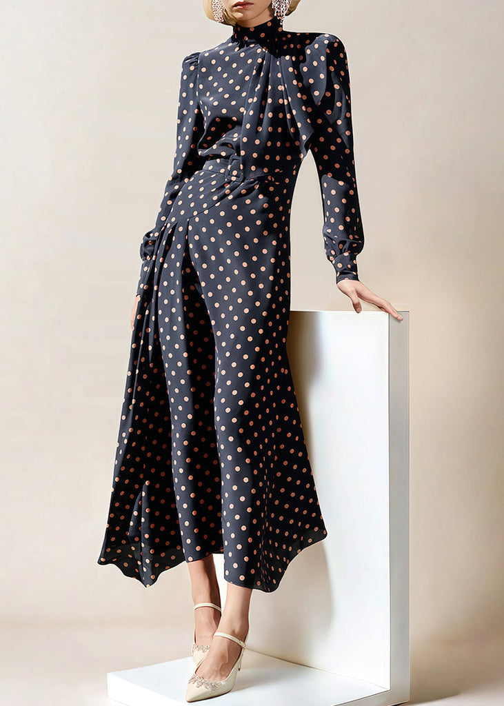 French Navy Zippered Dot High Waist Chiffon Long Dress Fall QR034 OM-ZS240929