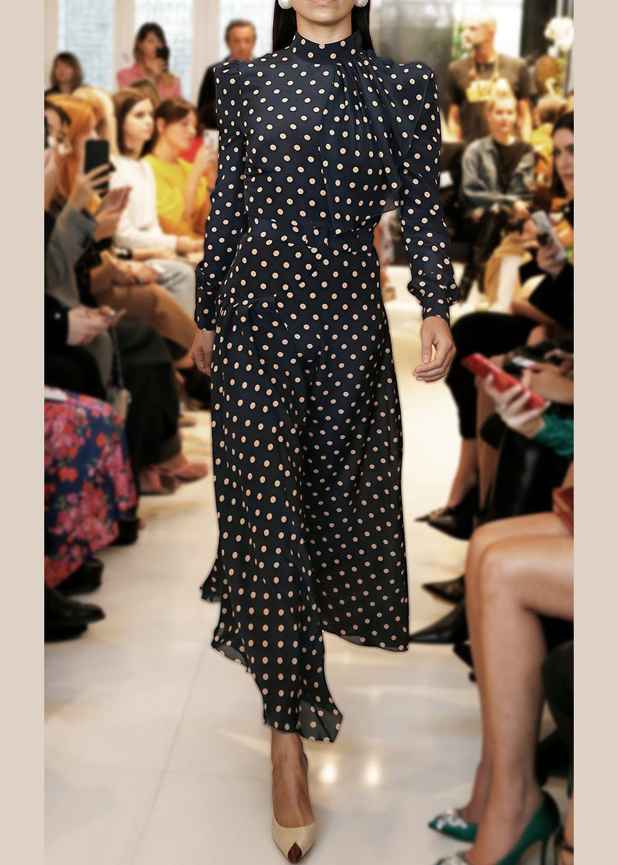 French Navy Zippered Dot High Waist Chiffon Long Dress Fall QR034 OM-ZS240929