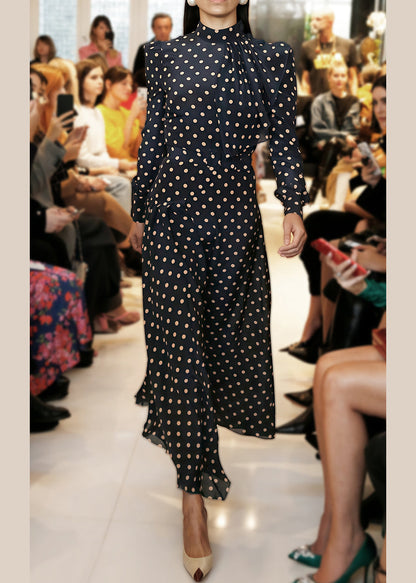 French Navy Zippered Dot High Waist Chiffon Long Dress Fall QR034 OM-ZS240929