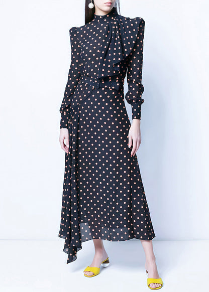 French Navy Zippered Dot High Waist Chiffon Long Dress Fall QR034 OM-ZS240929