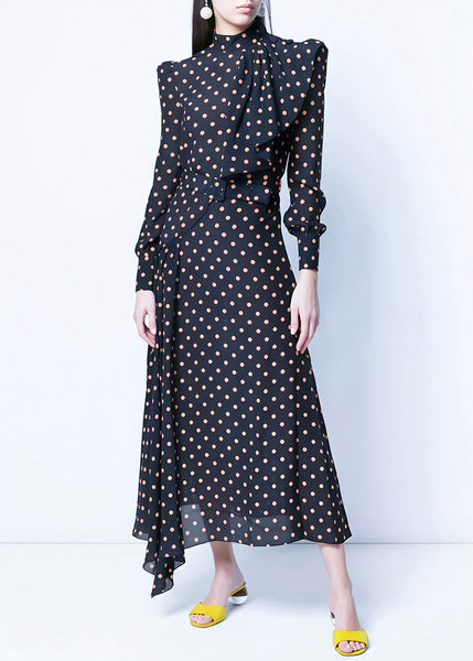French Navy Zippered Dot High Waist Chiffon Long Dress Fall QR034 OM-ZS240929