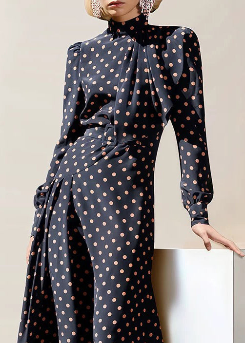 French Navy Zippered Dot High Waist Chiffon Long Dress Fall QR034 OM-ZS240929