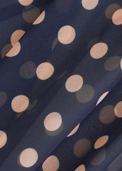French Navy Zippered Dot High Waist Chiffon Long Dress Fall QR034 OM-ZS240929
