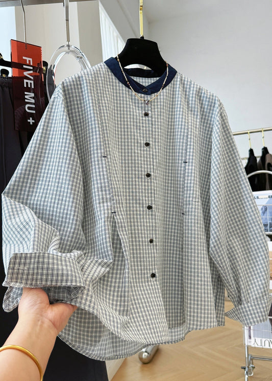 Plaid Neck O Button French Cotton Shirts Top Fall FashionChic