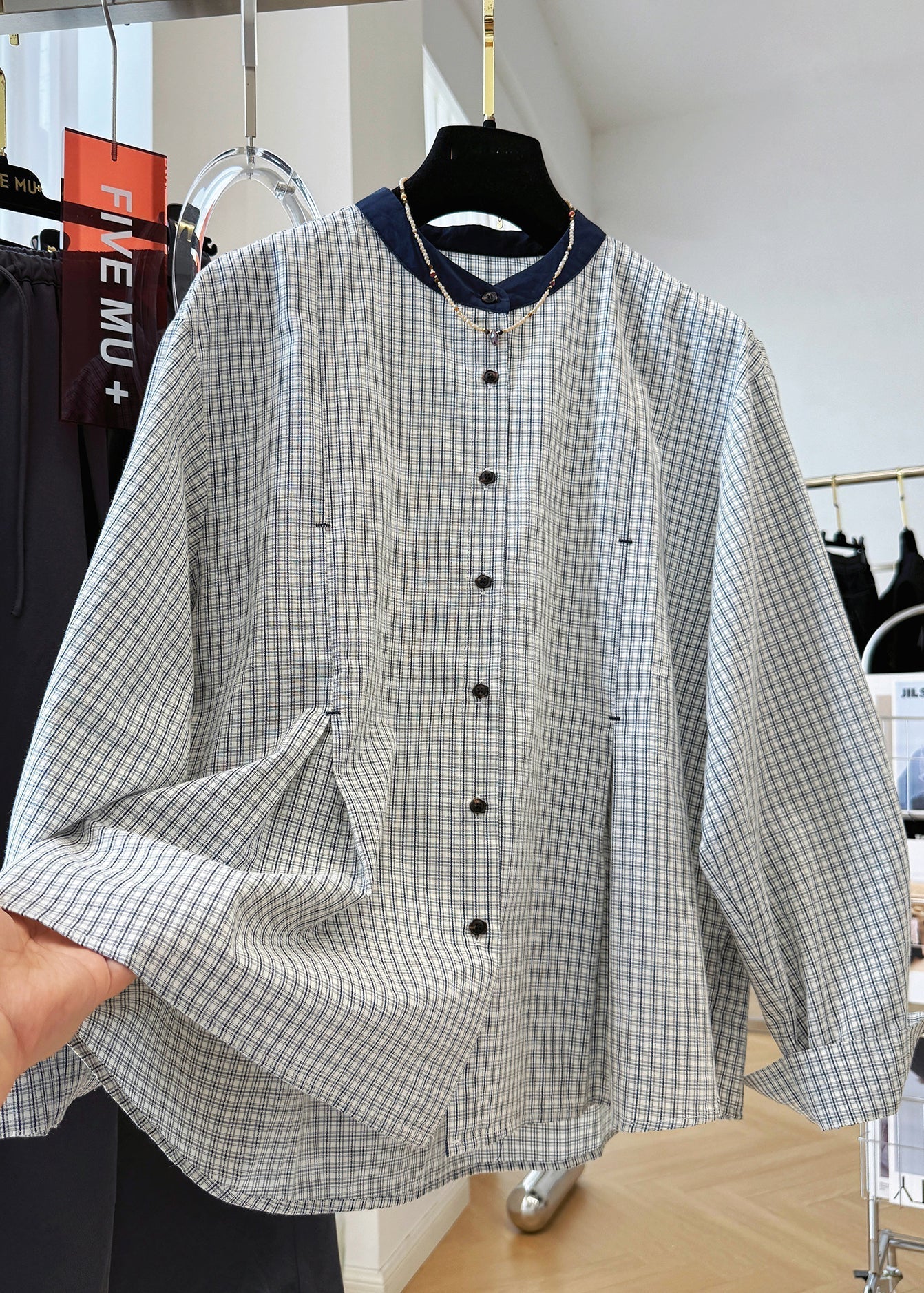 Plaid Neck O Button French Cotton Shirts Top Fall FashionChic