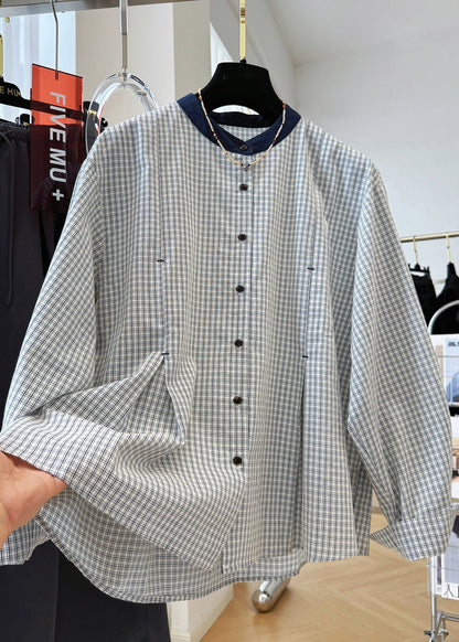 Plaid Neck O Button French Cotton Shirts Top Fall FashionChic