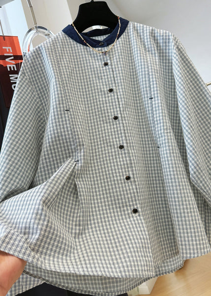 Plaid Neck O Button French Cotton Shirts Top Fall FashionChic