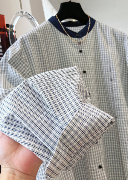 Plaid Neck O Button French Cotton Shirts Top Fall FashionChic