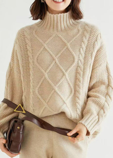 French Oatmeal Turtleneck Thick Cable Cashmere Sweater Spring YW028 ABC