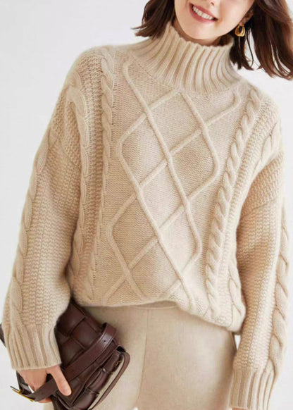 French Oatmeal Turtleneck Thick Cable Cashmere Sweater Spring YW028 ABC