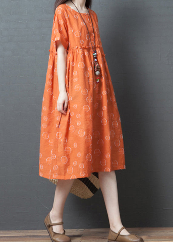 French Orange Dot Print Maxi Dress Short Sleeve VB1028 Ada Fashion