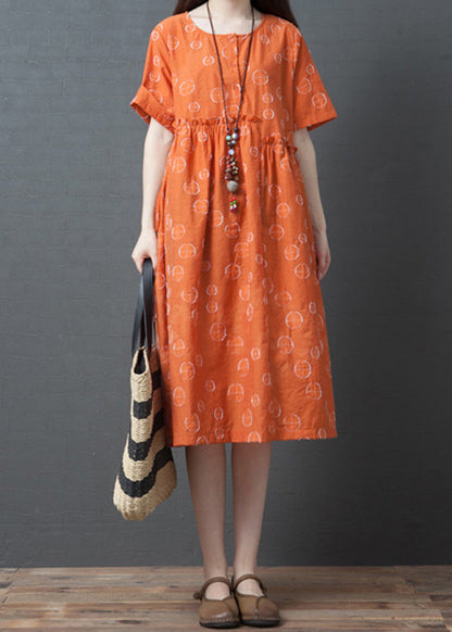 French Orange Dot Print Maxi Dress Short Sleeve VB1028 Ada Fashion