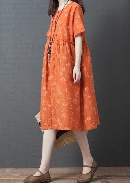 French Orange Dot Print Maxi Dress Short Sleeve VB1028 Ada Fashion