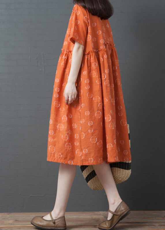 French Orange Dot Print Maxi Dress Short Sleeve VB1028 Ada Fashion