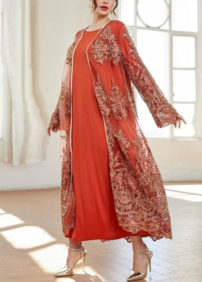 French Orange Embroidered Solid Tulle Two Piece Suit Spring AA1039 Ada Fashion