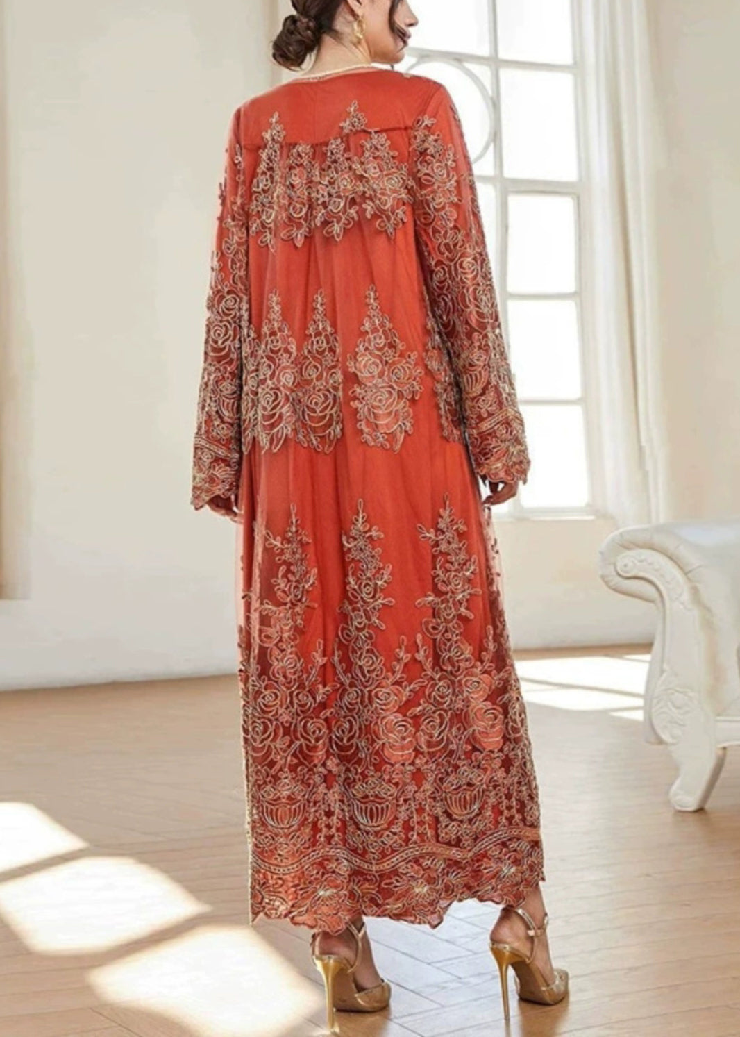 French Orange Embroidered Solid Tulle Two Piece Suit Spring AA1039 Ada Fashion