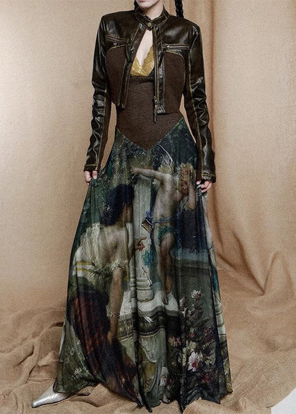 French Photo Color V Neck Print Patchwork Cotton Dress Long Sleeve KK090 SH-LF-FDL240602