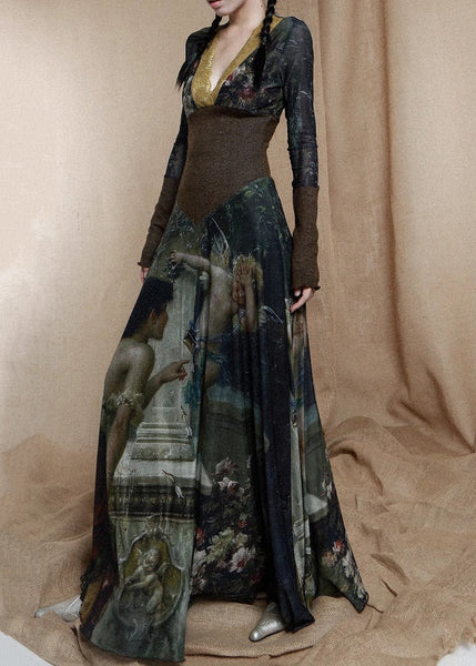 French Photo Color V Neck Print Patchwork Cotton Dress Long Sleeve KK090 SH-LF-FDL240602