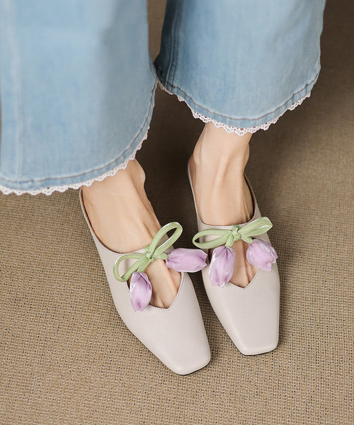 Leather Slide Cowhide Floral French Sandals Pink Splicing FashionChic