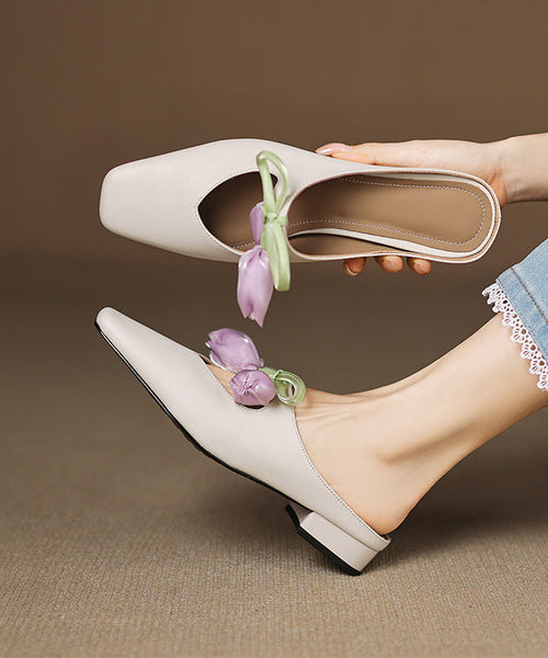 Leather Slide Cowhide Floral French Sandals Pink Splicing FashionChic