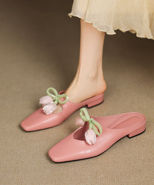 Leather Slide Cowhide Floral French Sandals Pink Splicing FashionChic