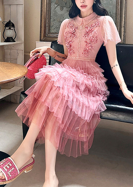 French Pink Embroidered Ruffled Patchwork Tulle Dresses Summer ZL041 SH-LF-SDL240621