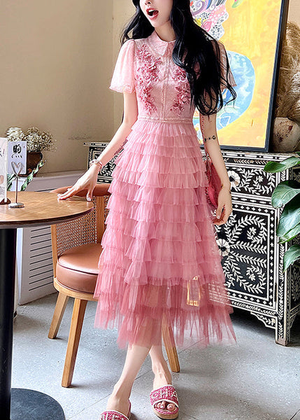 French Pink Embroidered Ruffled Patchwork Tulle Dresses Summer ZL041 SH-LF-SDL240621