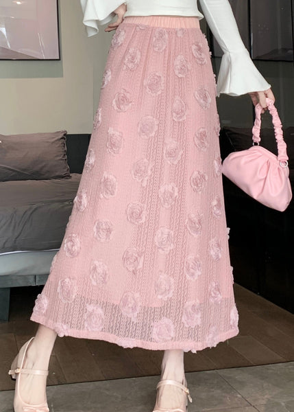 French Pink Floral Decorated High Waist Cotton Skirt Spring QQ1028 Ada Fashion
