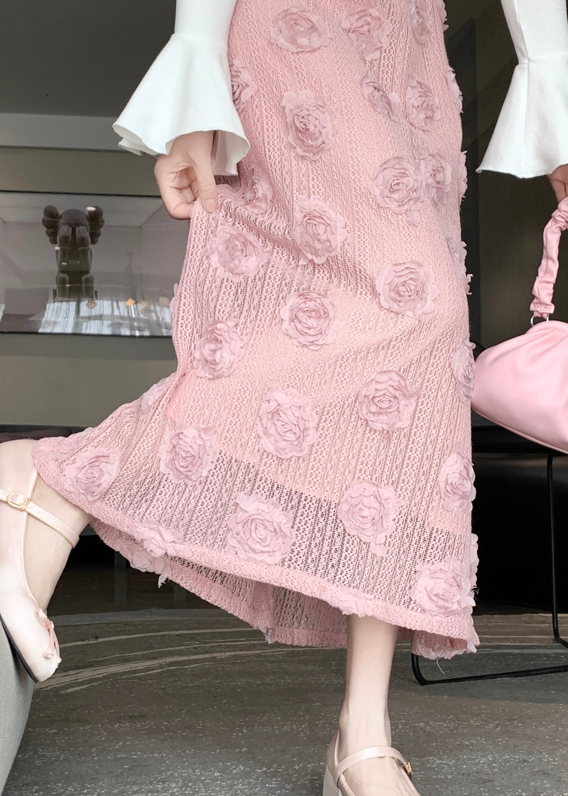 French Pink Floral Decorated High Waist Cotton Skirt Spring QQ1028 Ada Fashion