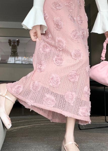 French Pink Floral Decorated High Waist Cotton Skirt Spring QQ1028 Ada Fashion
