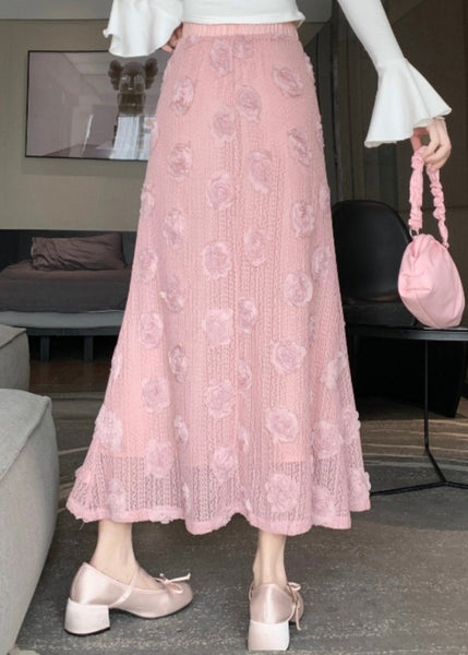 French Pink Floral Decorated High Waist Cotton Skirt Spring QQ1028 Ada Fashion