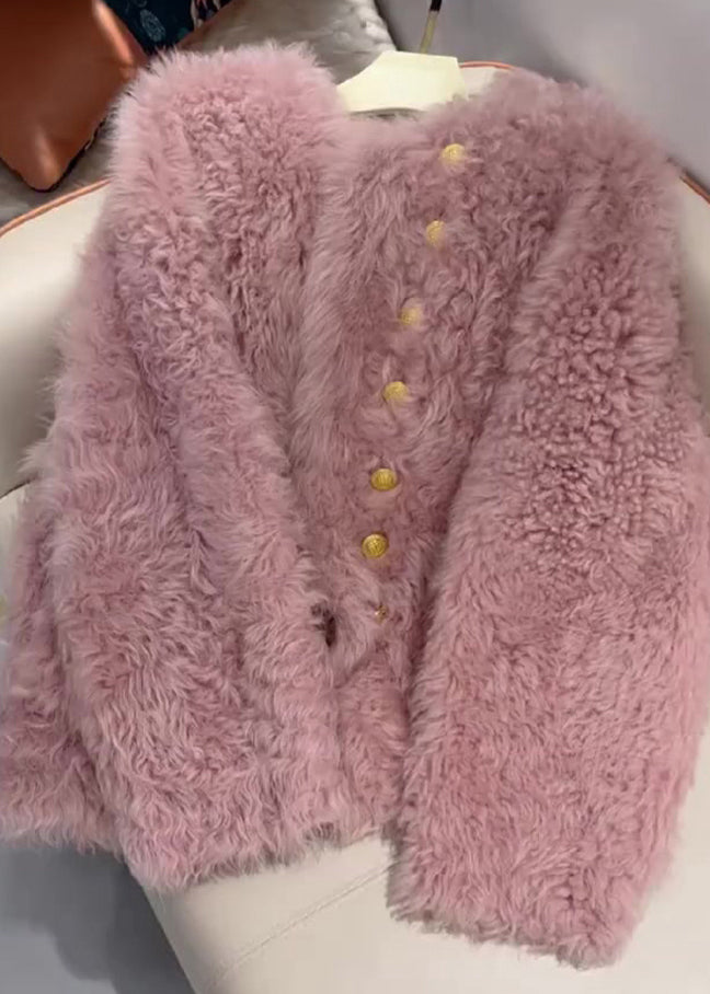 French Pink O-Neck Button Faux Fur Coats Spring TQ004 ABC