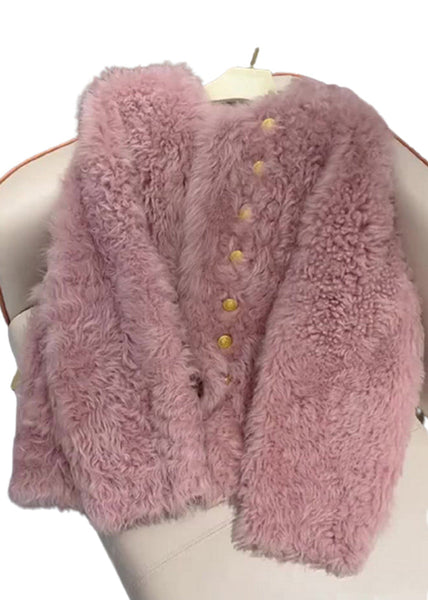 French Pink O-Neck Button Faux Fur Coats Spring TQ004 ABC