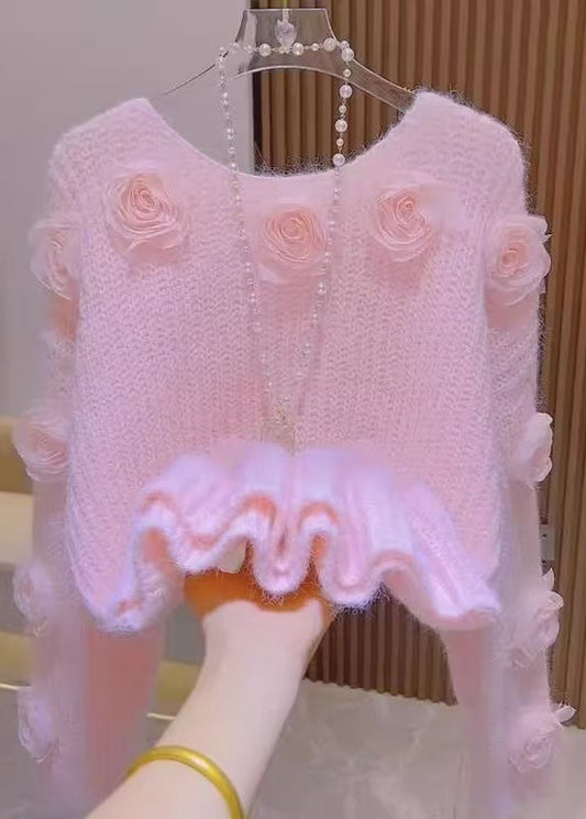 French Pink O Neck Floral Decorated Knit Pullover Spring YY017 ABC